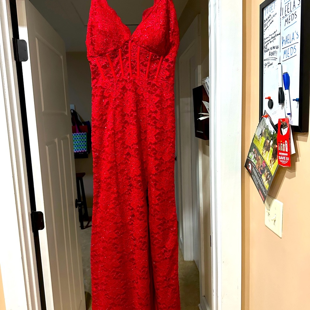 Red lace prom dress